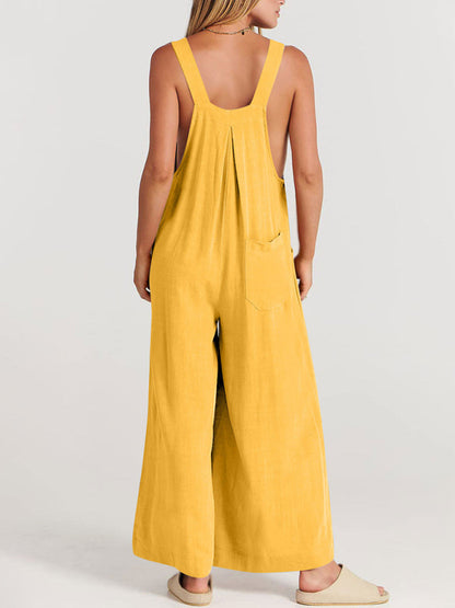 Jumpsuit- Solid Cotton Linen Wide-Leg Pantsuits - Jumpsuit Bib Overalls- - IndioGear Fashion and Gear