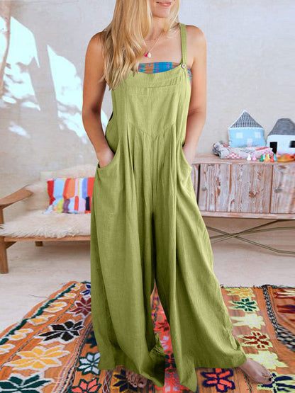 Jumpsuit- Solid Cotton Linen Wide-Leg Pantsuits - Jumpsuit Bib Overalls- - IndioGear Fashion and Gear