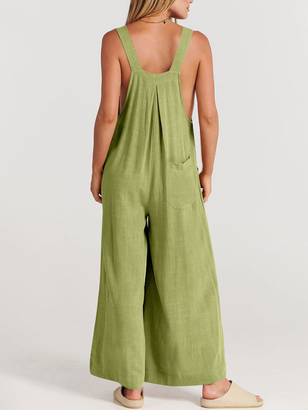 Jumpsuit- Solid Cotton Linen Wide-Leg Pantsuits - Jumpsuit Bib Overalls- - IndioGear Fashion and Gear