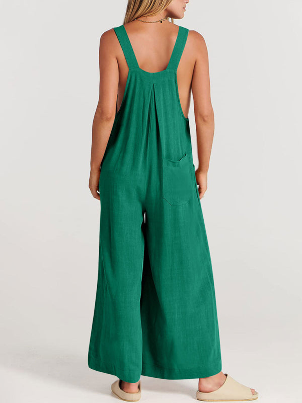 Jumpsuit- Solid Cotton Linen Wide-Leg Pantsuits - Jumpsuit Bib Overalls- - IndioGear Fashion and Gear