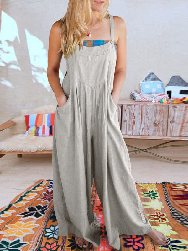 Jumpsuit- Solid Cotton Linen Wide-Leg Pantsuits - Jumpsuit Bib Overalls- - IndioGear Fashion and Gear