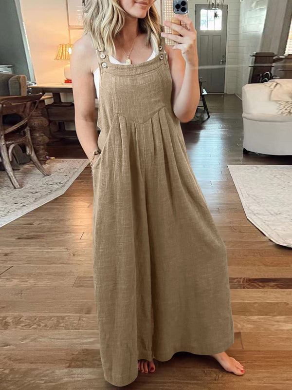 Jumpsuit- Solid Cotton Linen Wide-Leg Pantsuits - Jumpsuit Bib Overalls- - IndioGear Fashion and Gear