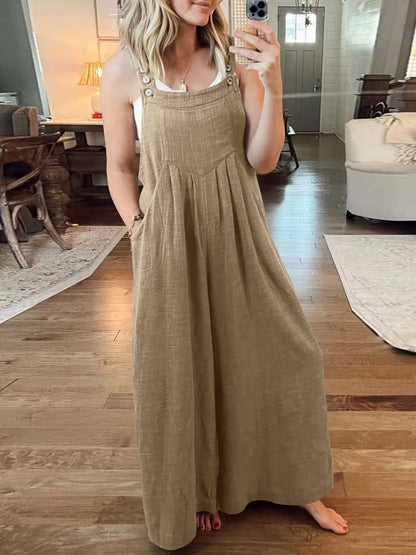 Jumpsuit- Solid Cotton Linen Wide-Leg Pantsuits - Jumpsuit Bib Overalls- - IndioGear Fashion and Gear