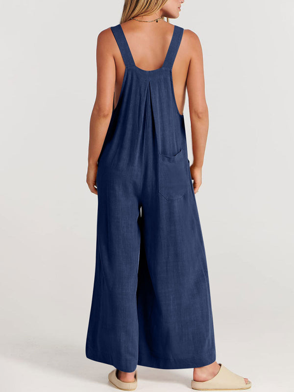 Jumpsuit- Solid Cotton Linen Wide-Leg Pantsuits - Jumpsuit Bib Overalls- - IndioGear Fashion and Gear