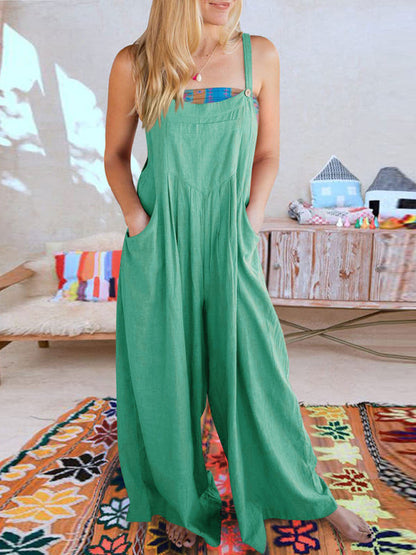 Jumpsuit- Solid Cotton Linen Wide-Leg Pantsuits - Jumpsuit Bib Overalls- Green- IndioGear Fashion and Gear