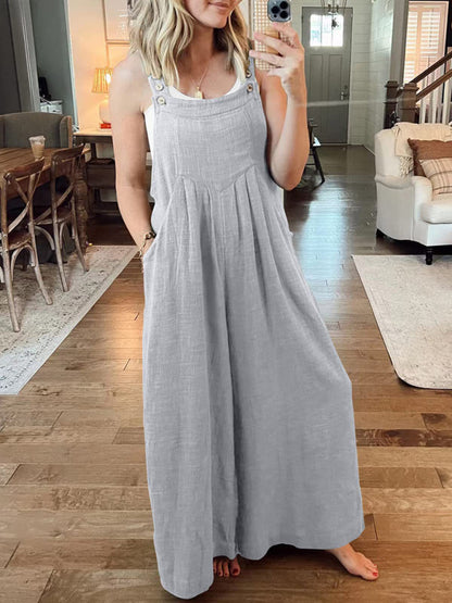 Jumpsuit- Solid Cotton Linen Wide-Leg Pantsuits - Jumpsuit Bib Overalls- - IndioGear Fashion and Gear