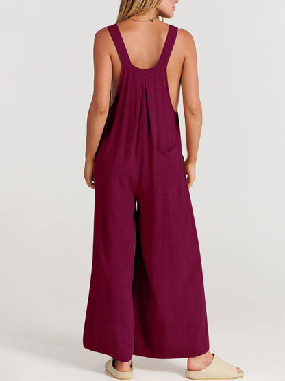 Jumpsuit- Solid Cotton Linen Wide-Leg Pantsuits - Jumpsuit Bib Overalls- - IndioGear Fashion and Gear