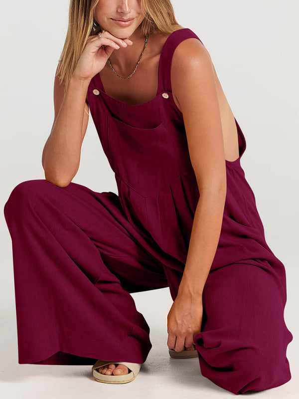 Jumpsuit- Solid Cotton Linen Wide-Leg Pantsuits - Jumpsuit Bib Overalls- - IndioGear Fashion and Gear