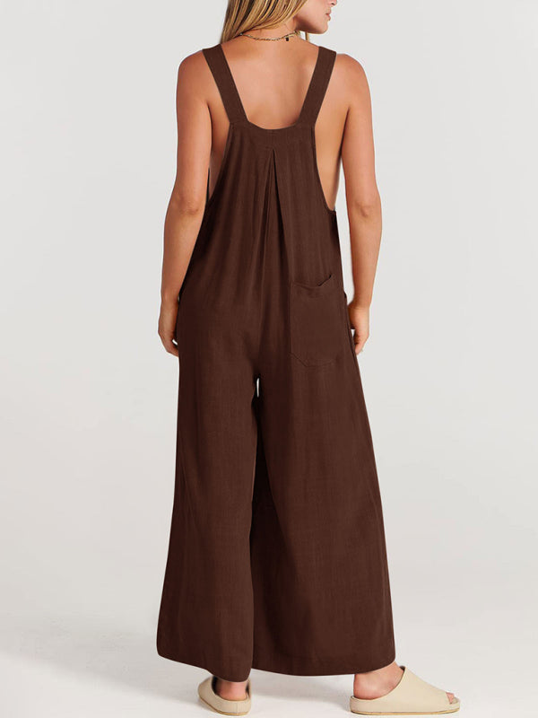 Jumpsuit- Solid Cotton Linen Wide-Leg Pantsuits - Jumpsuit Bib Overalls- - IndioGear Fashion and Gear