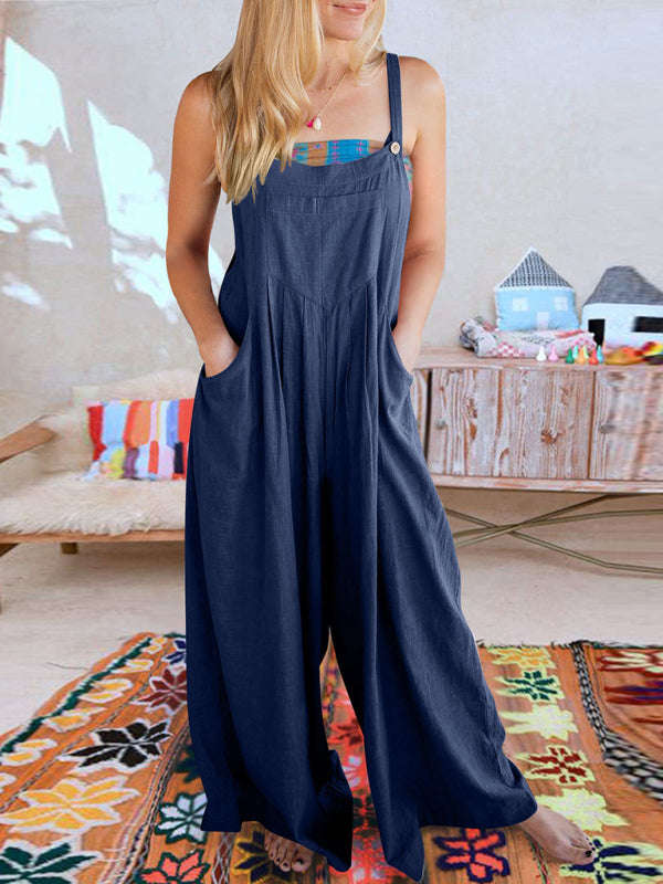 Jumpsuit- Solid Cotton Linen Wide-Leg Pantsuits - Jumpsuit Bib Overalls- - IndioGear Fashion and Gear