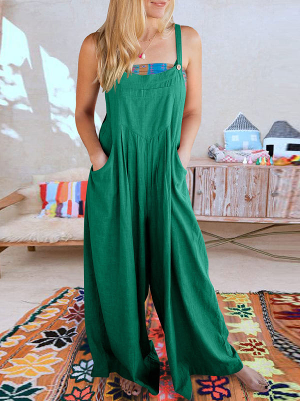 Jumpsuit- Solid Cotton Linen Wide-Leg Pantsuits - Jumpsuit Bib Overalls- Forest green- IndioGear Fashion and Gear