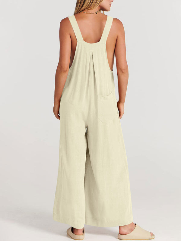 Jumpsuit- Solid Cotton Linen Wide-Leg Pantsuits - Jumpsuit Bib Overalls- - IndioGear Fashion and Gear