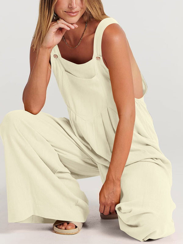 Jumpsuit- Solid Cotton Linen Wide-Leg Pantsuits - Jumpsuit Bib Overalls- - IndioGear Fashion and Gear