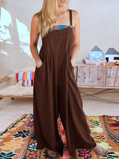 Jumpsuit- Solid Cotton Linen Wide-Leg Pantsuits - Jumpsuit Bib Overalls- - IndioGear Fashion and Gear