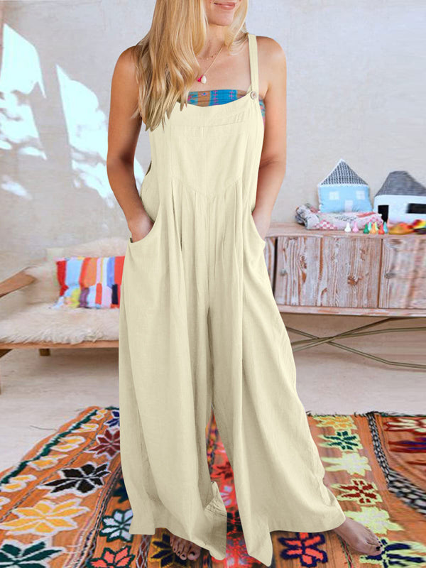 Jumpsuit- Solid Cotton Linen Wide-Leg Pantsuits - Jumpsuit Bib Overalls- - IndioGear Fashion and Gear