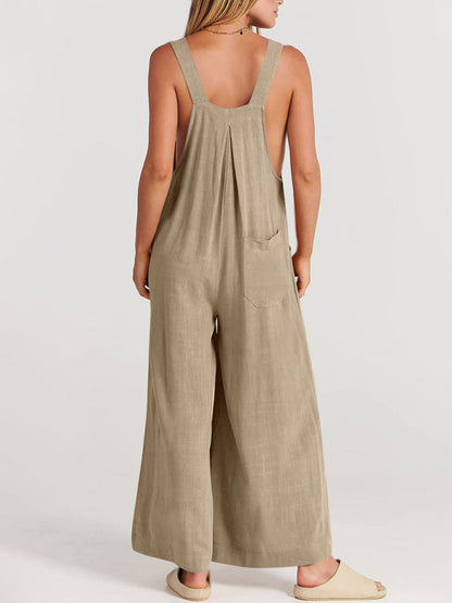 Jumpsuit- Solid Cotton Linen Wide-Leg Pantsuits - Jumpsuit Bib Overalls- - IndioGear Fashion and Gear