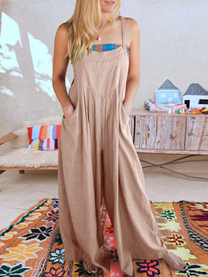 Jumpsuit- Solid Cotton Linen Wide-Leg Pantsuits - Jumpsuit Bib Overalls- Lotus root Pink- IndioGear Fashion and Gear