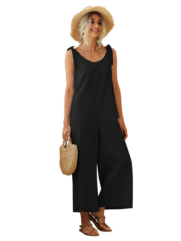 Jumpsuit- Solid Cotton Tie-Shoulders Overalls Pantsuits - Jumpsuits- - IndioGear Fashion and Gear