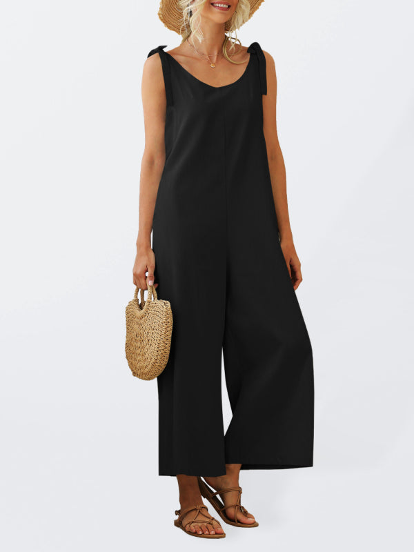 Jumpsuit- Solid Cotton Tie-Shoulders Overalls Pantsuits - Jumpsuits- Black- IndioGear Fashion and Gear