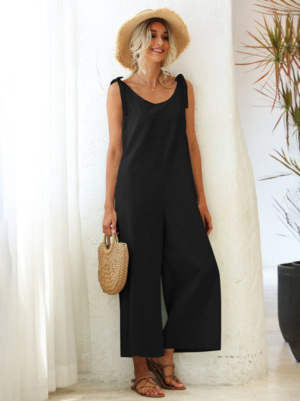 Jumpsuit- Solid Cotton Tie-Shoulders Overalls Pantsuits - Jumpsuits- - IndioGear Fashion and Gear