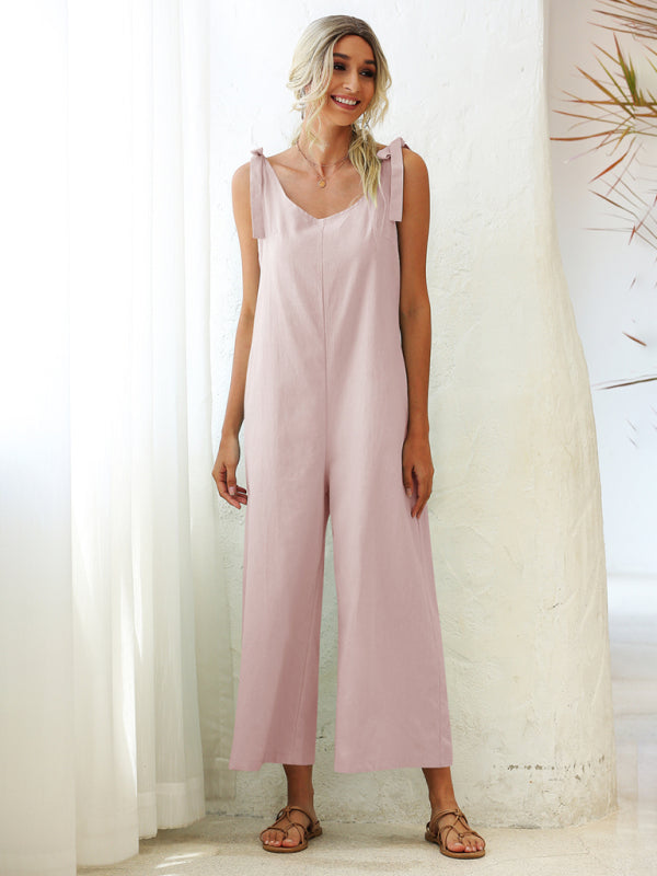 Jumpsuit- Solid Cotton Tie-Shoulders Overalls Pantsuits - Jumpsuits- Pink- IndioGear Fashion and Gear