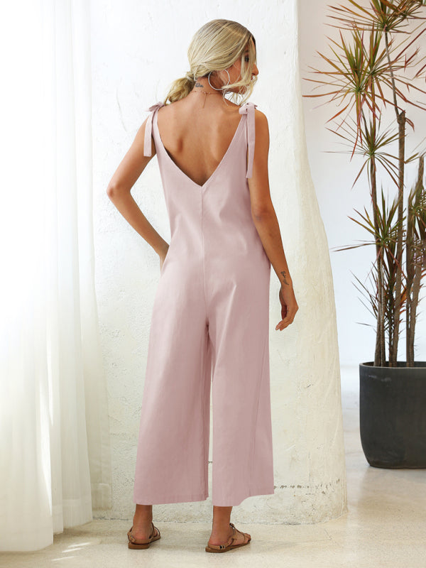 Jumpsuit- Solid Cotton Tie-Shoulders Overalls Pantsuits - Jumpsuits- - IndioGear Fashion and Gear