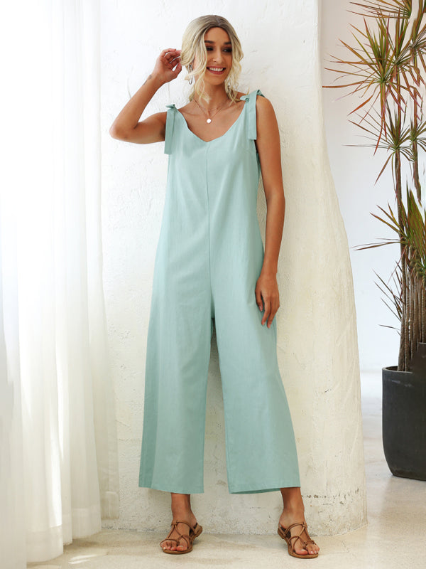 Jumpsuit- Solid Cotton Tie-Shoulders Overalls Pantsuits - Jumpsuits- Pale green- IndioGear Fashion and Gear