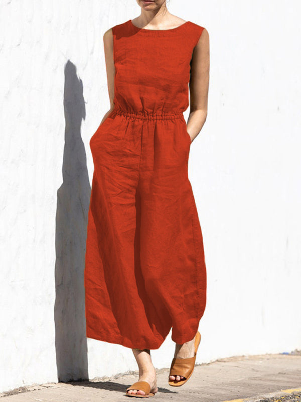 Jumpsuit- Solid Cotton Wide-Leg Jumpsuit - Elastic Waist Pantsuits- Orange Red- IndioGear Fashion and Gear