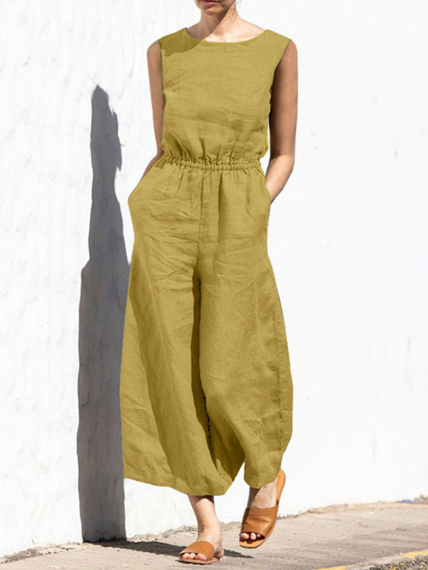 Jumpsuit- Solid Cotton Wide-Leg Jumpsuit - Elastic Waist Pantsuits- Yellow- IndioGear Fashion and Gear