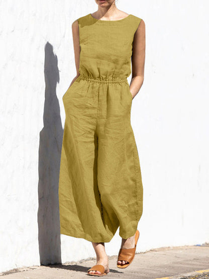 Jumpsuit- Solid Cotton Wide-Leg Jumpsuit - Elastic Waist Pantsuits- Yellow- IndioGear Fashion and Gear