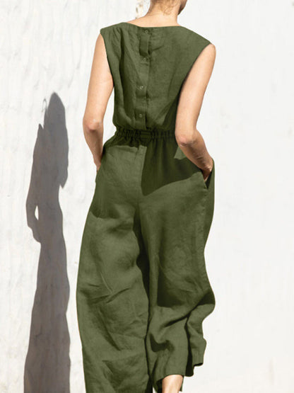 Jumpsuit- Solid Cotton Wide-Leg Jumpsuit - Elastic Waist Pantsuits- - IndioGear Fashion and Gear