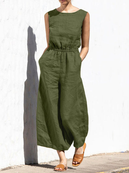 Jumpsuit- Solid Cotton Wide-Leg Jumpsuit - Elastic Waist Pantsuits- Olive green- IndioGear Fashion and Gear