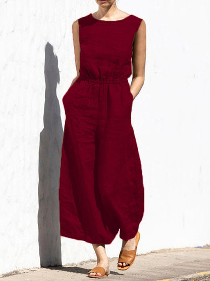 Jumpsuit- Solid Cotton Wide-Leg Jumpsuit - Elastic Waist Pantsuits- Wine Red- IndioGear Fashion and Gear