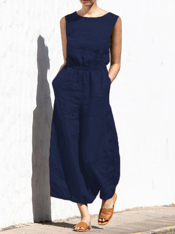 Jumpsuit- Solid Cotton Wide-Leg Jumpsuit - Elastic Waist Pantsuits- Blue navy- IndioGear Fashion and Gear