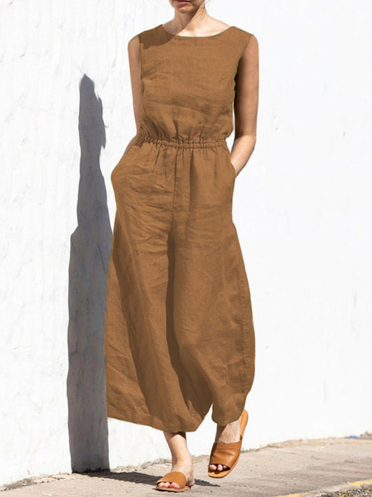 Jumpsuit- Solid Cotton Wide-Leg Jumpsuit - Elastic Waist Pantsuits- Camel- IndioGear Fashion and Gear