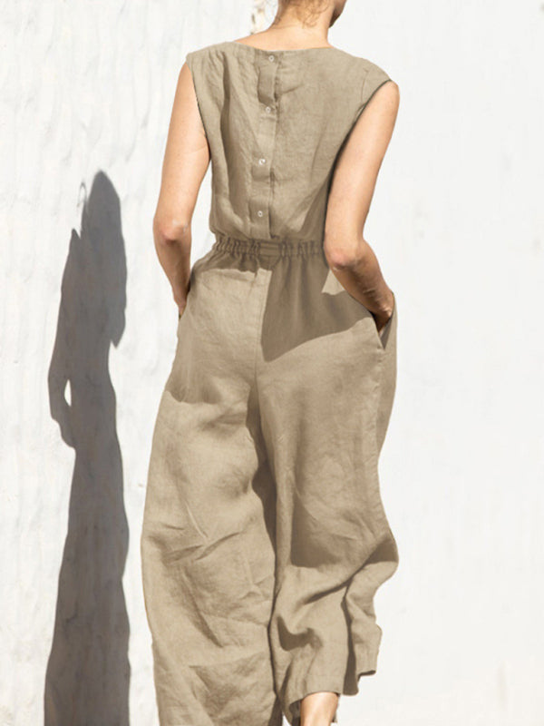 Jumpsuit- Solid Cotton Wide-Leg Jumpsuit - Elastic Waist Pantsuits- - IndioGear Fashion and Gear