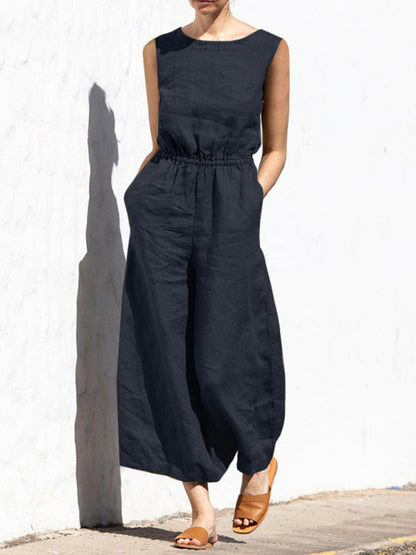 Jumpsuit- Solid Cotton Wide-Leg Jumpsuit - Elastic Waist Pantsuits- Black- IndioGear Fashion and Gear