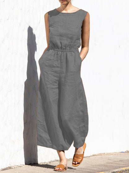 Jumpsuit- Solid Cotton Wide-Leg Jumpsuit - Elastic Waist Pantsuits- Grey- IndioGear Fashion and Gear