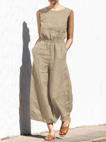 Jumpsuit- Solid Cotton Wide-Leg Jumpsuit - Elastic Waist Pantsuits- Khaki- IndioGear Fashion and Gear