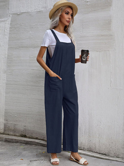 Jumpsuit- Solid Loose Bib Overalls - Flowy Harem Pantsuits- Navy Blue- IndioGear Fashion and Gear