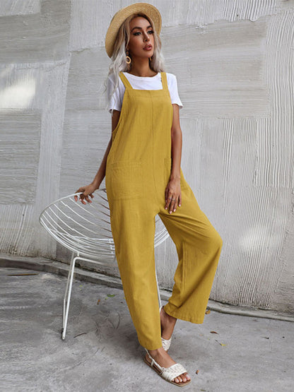 Jumpsuit- Solid Loose Bib Overalls - Flowy Harem Pantsuits- Yellow- IndioGear Fashion and Gear