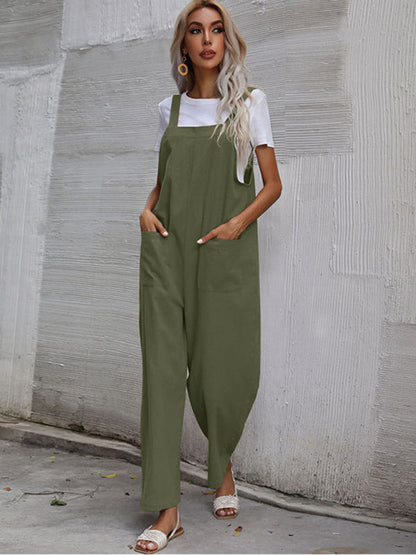 Jumpsuit- Solid Loose Bib Overalls - Flowy Harem Pantsuits- Green- IndioGear Fashion and Gear