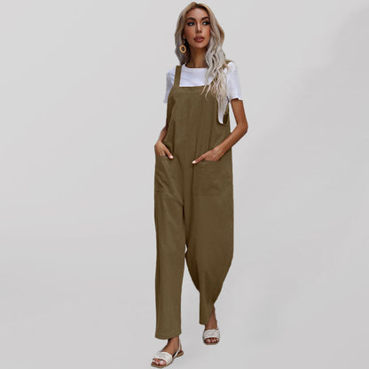 Jumpsuit- Solid Loose Bib Overalls - Flowy Harem Pantsuits- Olive green- IndioGear Fashion and Gear