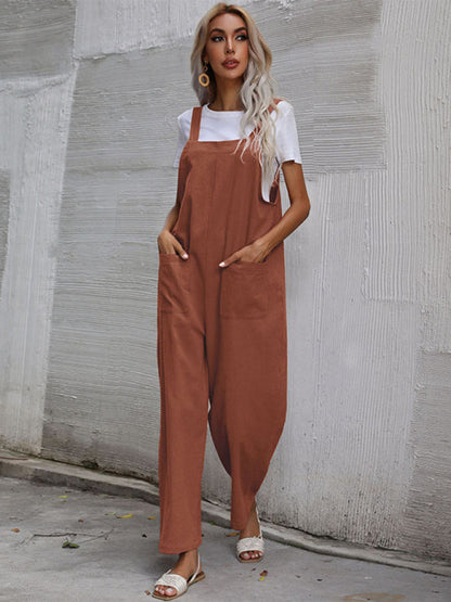 Jumpsuit- Solid Loose Bib Overalls - Flowy Harem Pantsuits- Coffee- IndioGear Fashion and Gear