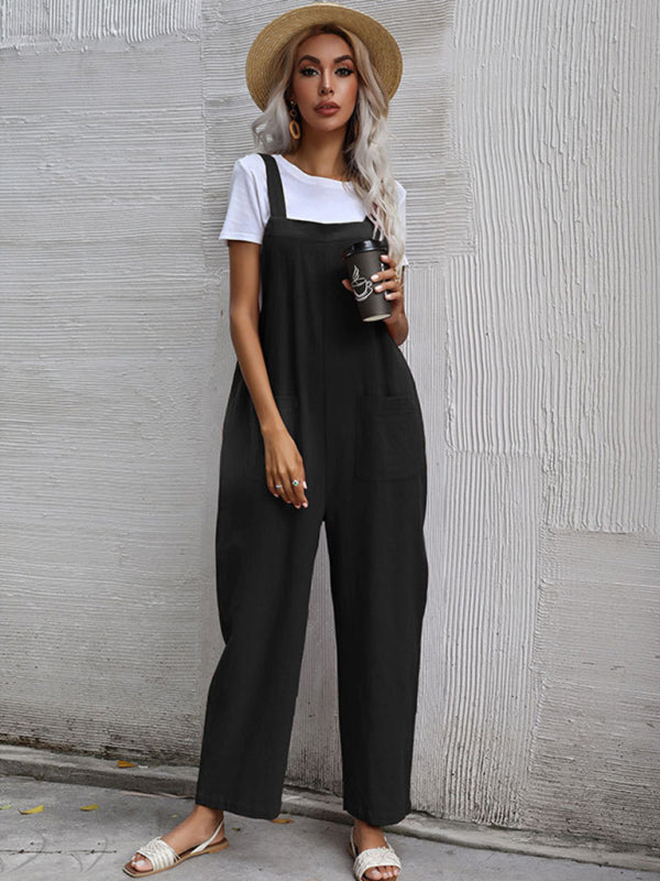 Jumpsuit- Solid Loose Bib Overalls - Flowy Harem Pantsuits- Black- IndioGear Fashion and Gear