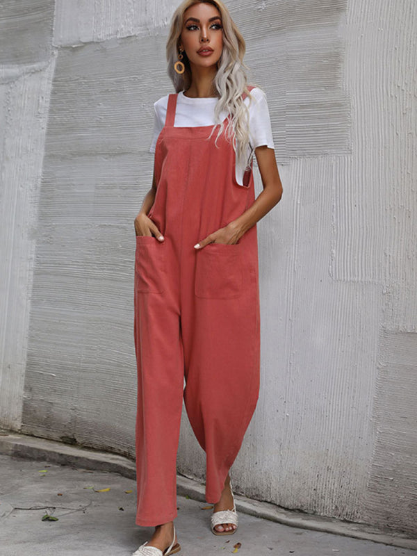 Jumpsuit- Solid Loose Bib Overalls - Flowy Harem Pantsuits- Dark Red- IndioGear Fashion and Gear