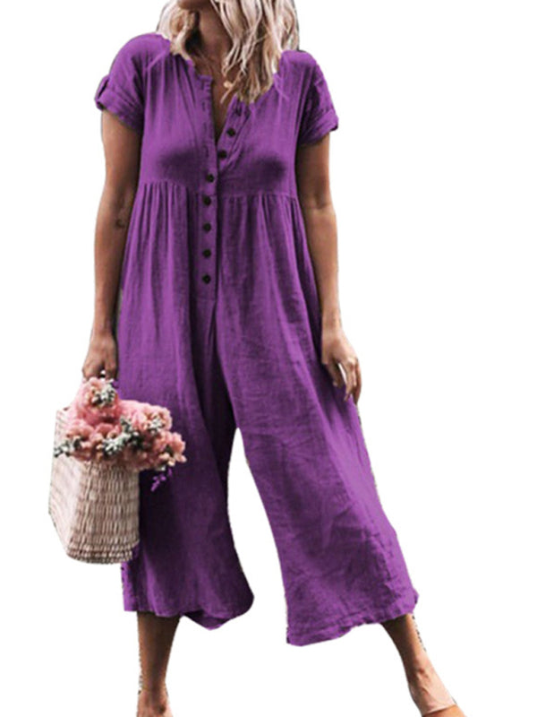 Jumpsuit- Textured Cotton Button Down Wide-Leg Culotte Jumpsuit- Purple- IndioGear Fashion and Gear