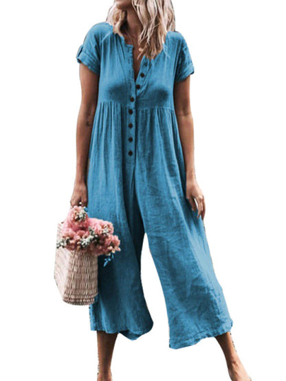 Jumpsuit- Textured Cotton Button Down Wide-Leg Culotte Jumpsuit- Clear blue- IndioGear Fashion and Gear