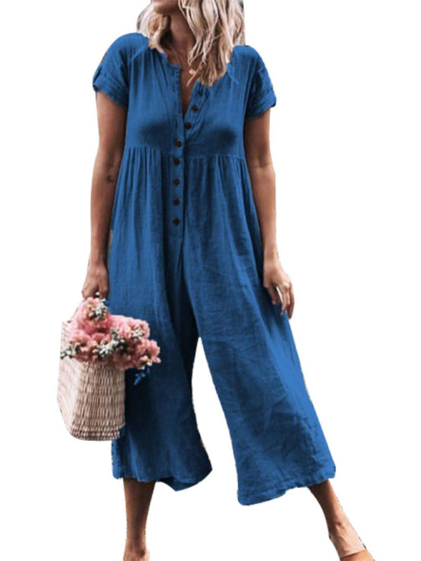 Jumpsuit- Textured Cotton Button Down Wide-Leg Culotte Jumpsuit- Sky blue azure- IndioGear Fashion and Gear