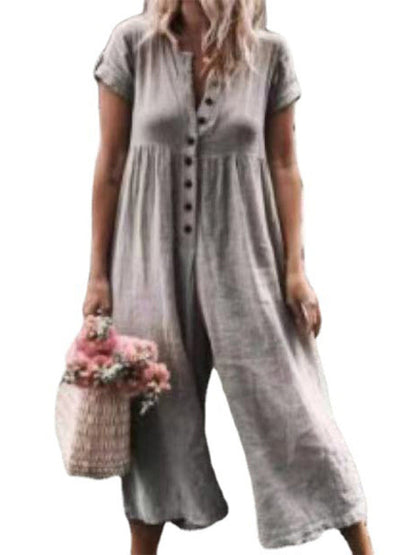 Jumpsuit- Textured Cotton Button Down Wide-Leg Culotte Jumpsuit- Grey- IndioGear Fashion and Gear